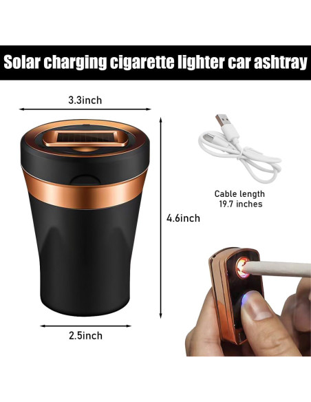 Cenicero de coche Sylvil con encendedor solar y USB - Negro