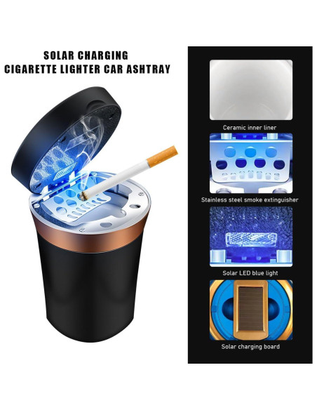 Cenicero de coche Sylvil con encendedor solar y USB - Negro