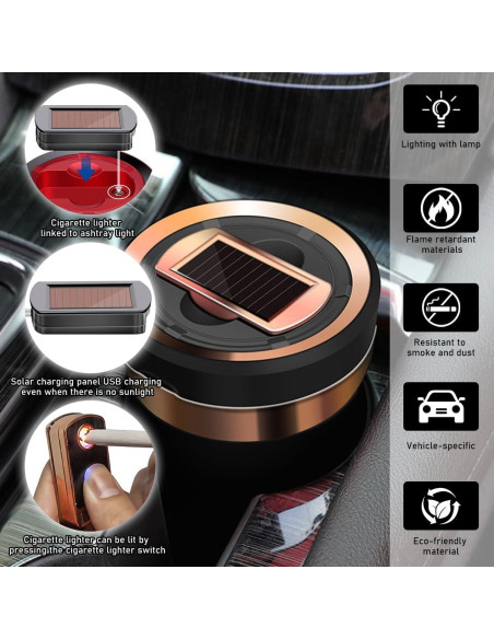 Cenicero de coche Sylvil con encendedor solar y USB - Negro