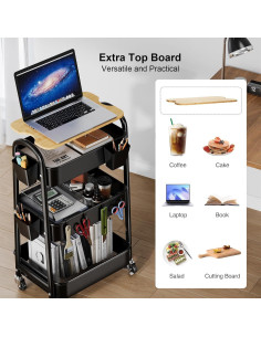 Carro Organizador de 3 Niveles Kzeirm con Ruedas y Superficie de Madera 2