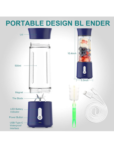 Licuadora Portátil WEIWYWW 500ml USB 150W Azul para Jugos