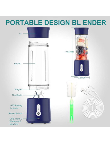 Licuadora Portátil WEIWYWW 500ml USB 150W Azul para Jugos