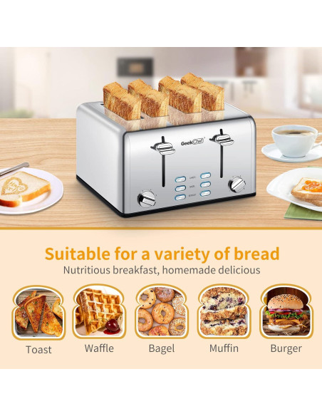 Tostadora Geek Chef de Acero Inoxidable 4 Rebanadas Extra Anchas