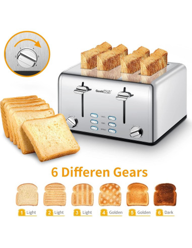 Tostadora Geek Chef de Acero Inoxidable 4 Rebanadas Extra Anchas