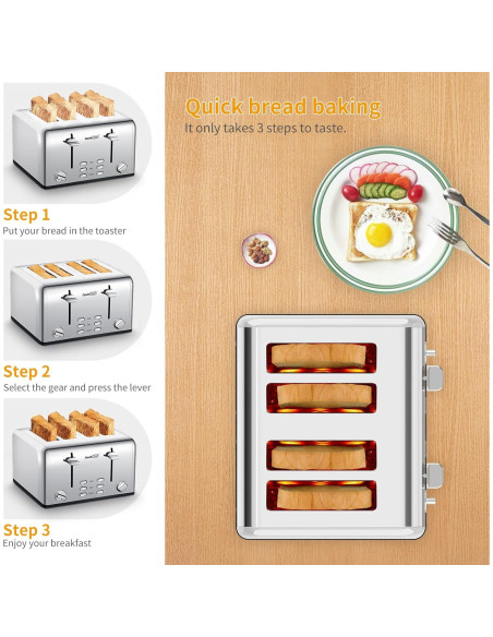 Tostadora Geek Chef de Acero Inoxidable 4 Rebanadas Extra Anchas