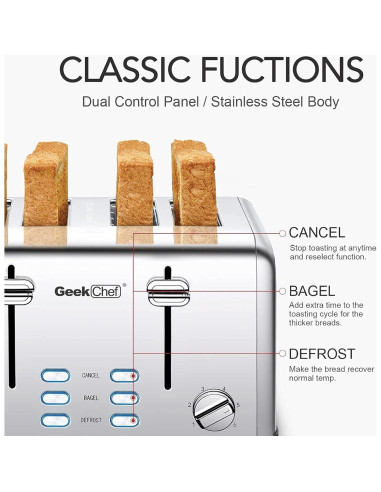 Tostadora Geek Chef de Acero Inoxidable 4 Rebanadas Extra Anchas