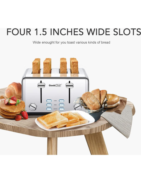 Tostadora Geek Chef de Acero Inoxidable 4 Rebanadas Extra Anchas