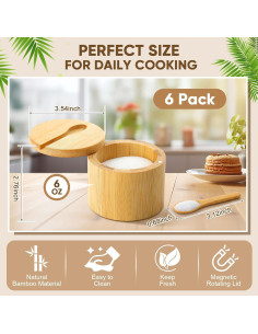 Honeydak 6 PCS Contenedores de Sal de Bambú con Tapa Magnética 2