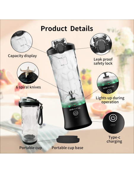 Licuadora Portátil SEAINS 600ml Recargable USB 6 Cuchillas