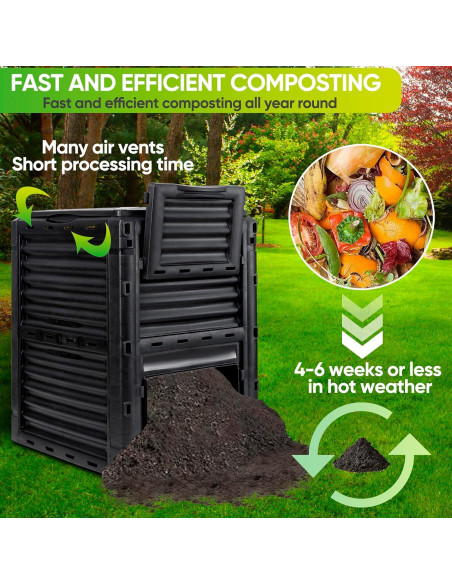 Bin de Compostaje F2C 300L Negro - Fácil Montaje y Aeración