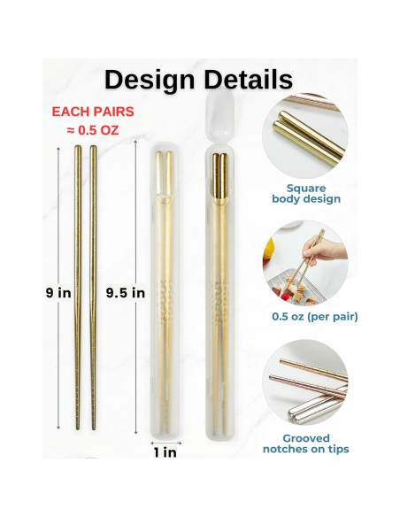 Palillos de Titanio Reutilizables MUMSUNG 23cm Oro Antideslizantes