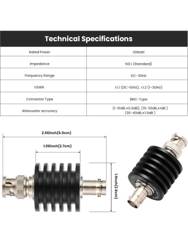 Atenuador Coaxial BNC 10W 10dB 50 Ohm DC-3GHz Profesional
