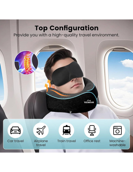 Almohada de Cuello Teemour para Viajes - Espuma con Memoria, Ajustable, Negra Almohada de Cuello Teemour para Viajes - Espuma con Memoria, Ajustable, Negra