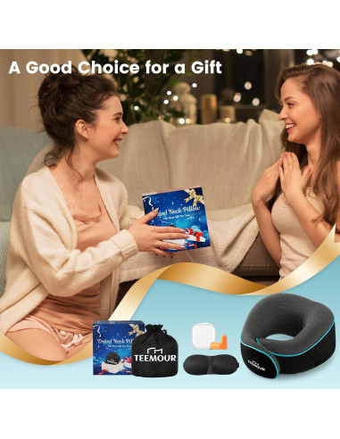 Almohada de Cuello Teemour para Viajes - Espuma con Memoria, Ajustable, Negra