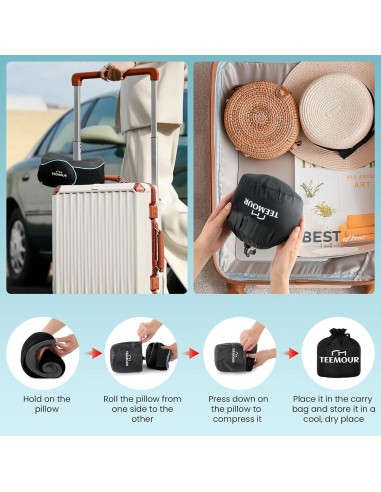 Almohada de Cuello Teemour para Viajes - Espuma con Memoria, Ajustable, Negra