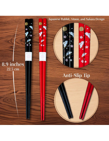 Juego de Palillos Japoneses Musuubi - Rojo y Negro con Conejo y Sakura