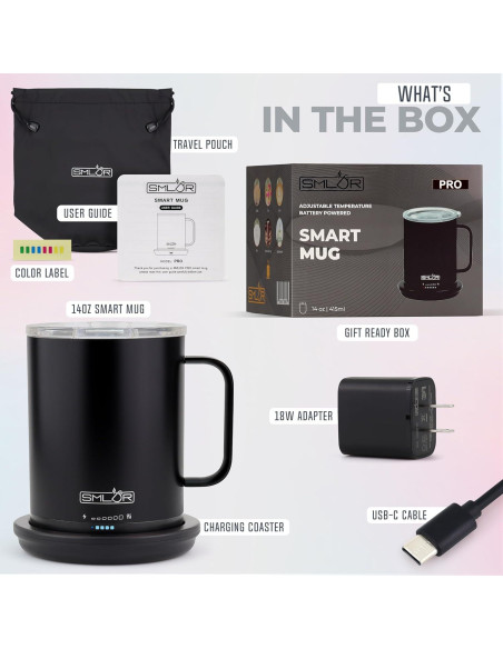 Taza Inteligente SMLDR Pro 414 ml Auto-Calentada Negra