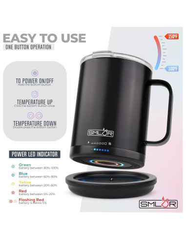 Taza Inteligente SMLDR Pro 414 ml Auto-Calentada Negra