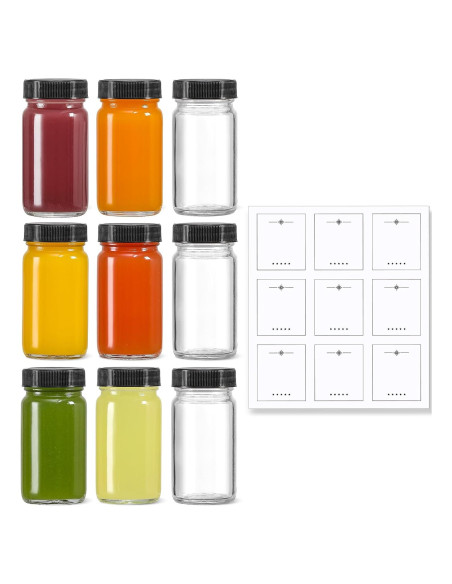 Paquete de 9 Botellas de Vidrio 60 ml LANDNEOO con Tapas Negras