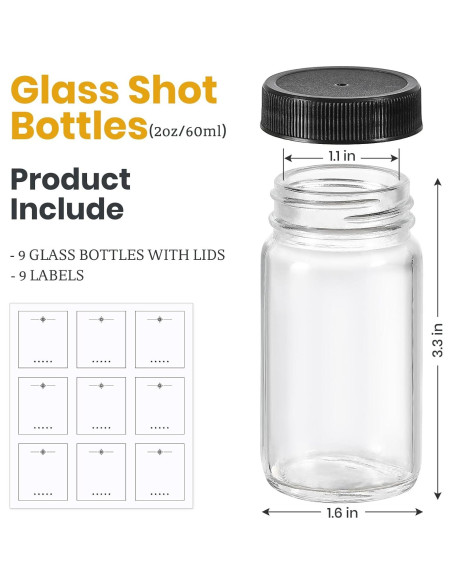 Paquete de 9 Botellas de Vidrio 60 ml LANDNEOO con Tapas Negras