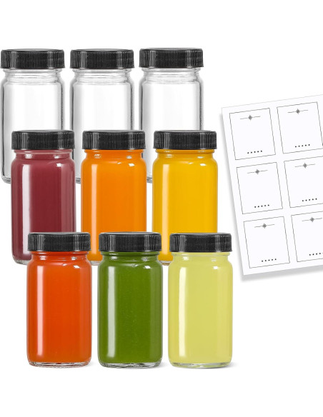 Paquete de 9 Botellas de Vidrio 60 ml LANDNEOO con Tapas Negras