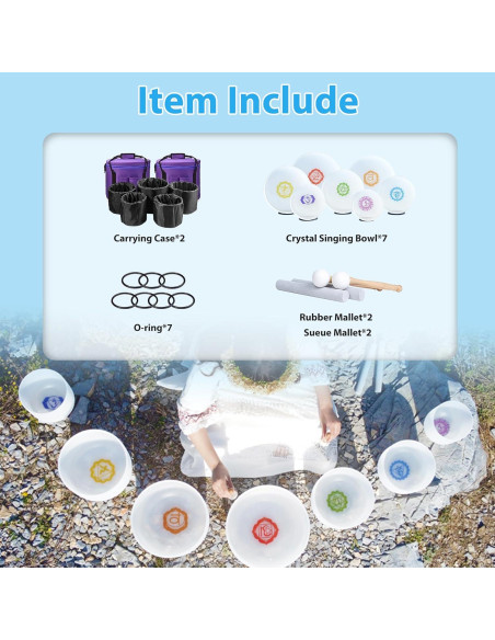 Juego de 7 Cuencos de Canto de Cristal 432HZ con Chakra
