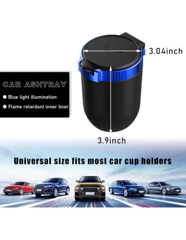 Cenicero de coche con tapa Povtii, acero inoxidable, azul