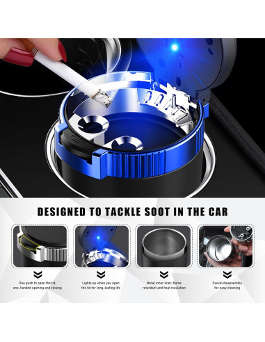 Cenicero de coche con tapa Povtii, acero inoxidable, azul