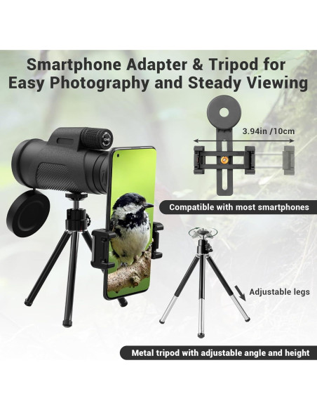 Telescopio Monocular 12x42 AMITHER con Adaptador para Smartphone