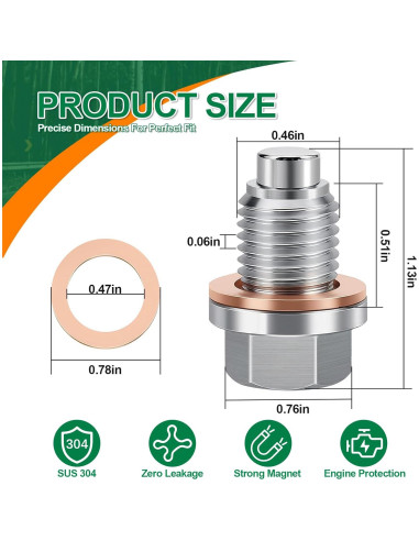 Tapón de Drenaje de Aceite Magnético JUSTTOP M12 x 1.5 con 5 Arandelas