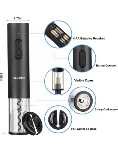 Abridor de Vino Eléctrico Ramtonx Automático Negro 258g