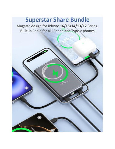 Cargador Portátil Magnético 10000mAh 20W con Cable - iPhone/Samsung