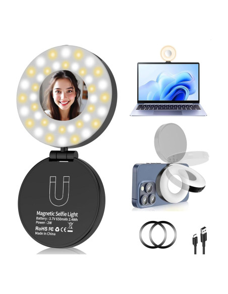 Luz de Selfie Magnética IUDSMKO con Espejo y LED Ajustable