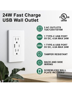 Paquete de 10 Enchufes USB BRILLTECH 4.8A Tipo C y A Blanco 2