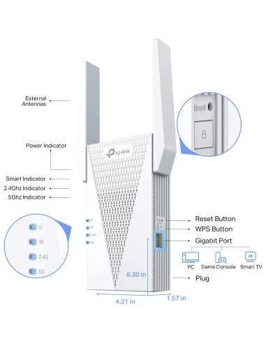 Extensor de Rango WiFi 6 TP-Link RE615X AX1800 Doble Banda