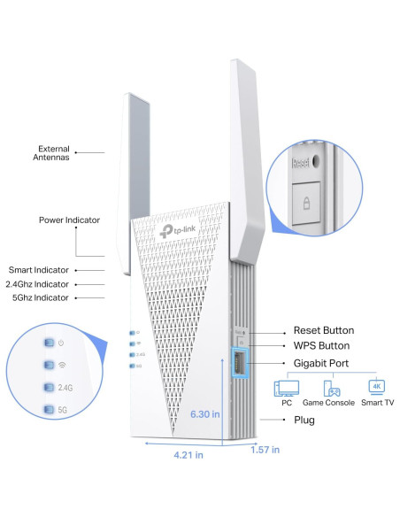 Extensor de Rango WiFi 6 TP-Link RE615X AX1800 Doble Banda
