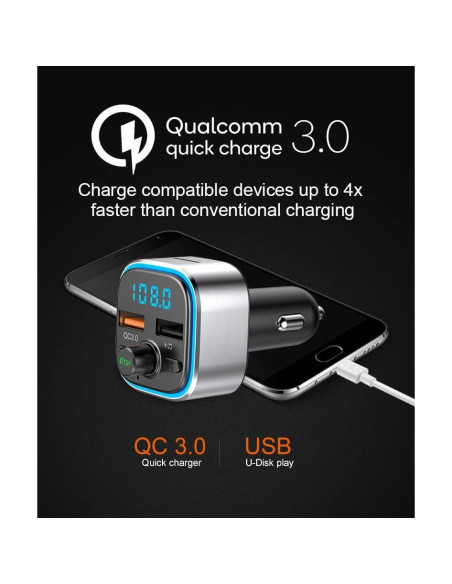 Transmisor FM Bluetooth VR-robot con Carga Rápida QC3.0 y 2 USB