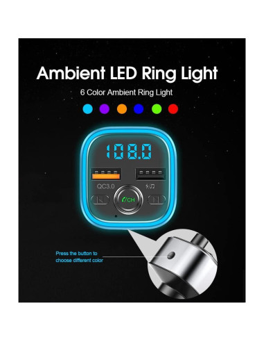 Transmisor FM Bluetooth VR-robot con Carga Rápida QC3.0 y 2 USB