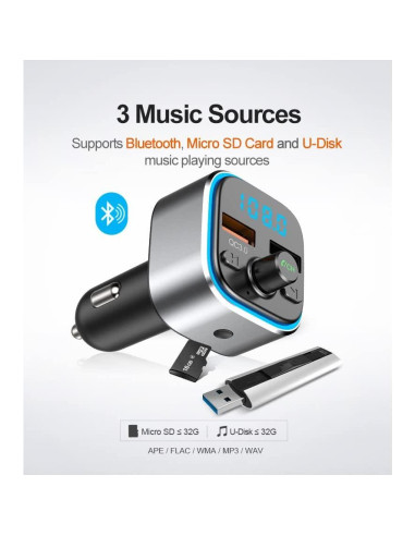 Transmisor FM Bluetooth VR-robot con Carga Rápida QC3.0 y 2 USB