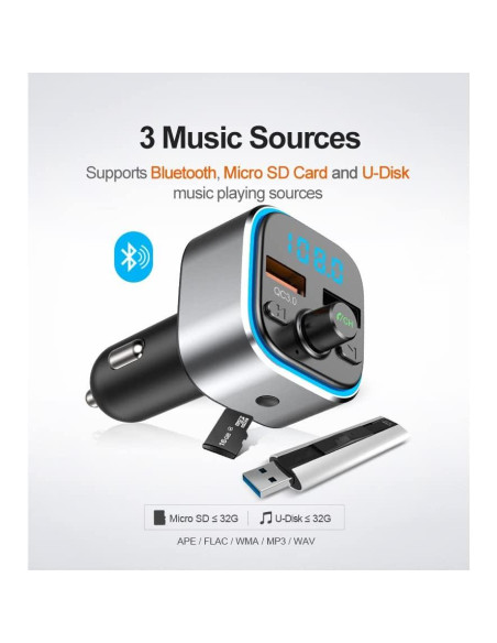 Transmisor FM Bluetooth VR-robot con Carga Rápida QC3.0 y 2 USB