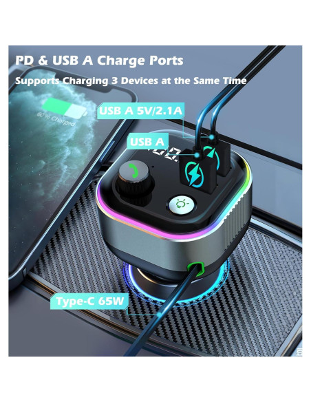 Adaptador Bluetooth 5.4 LIHAN para Coche con Cargador USB C 65W