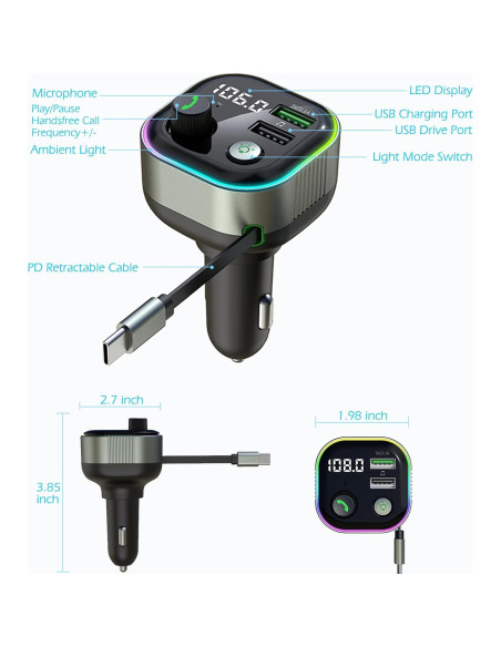 Adaptador Bluetooth 5.4 LIHAN para Coche con Cargador USB C 65W