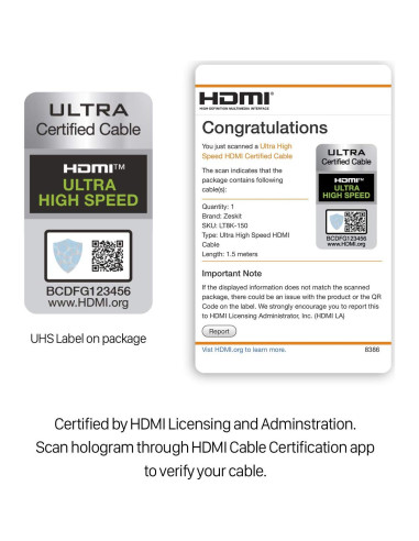 Cable HDMI Ultra Alta Velocidad Zeskit LITE 1m 48Gbps 8K 4K HDR