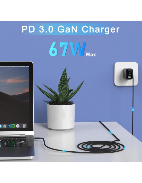Cargador de pared USB C 67W QIOUZW, 3 puertos, GaN, Negro