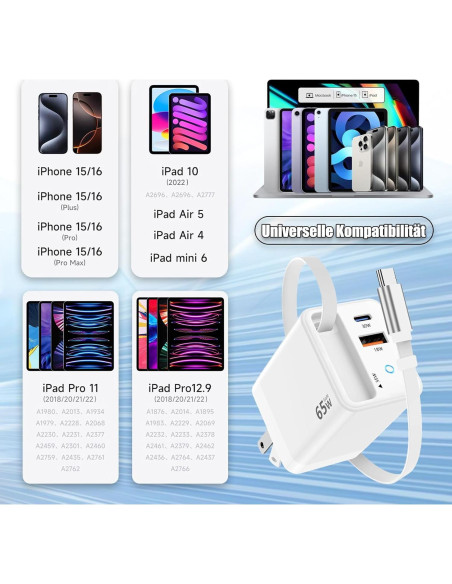 Cargador USB C Retráctil 65W Gan para iPad y Smartphones