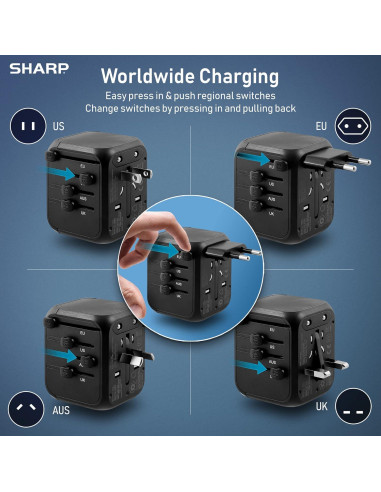 Adaptador de Viaje Universal SHARP con 4 Puertos USB - Negro