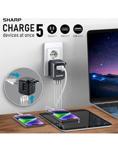 Adaptador de Viaje Universal SHARP con 4 Puertos USB - Negro