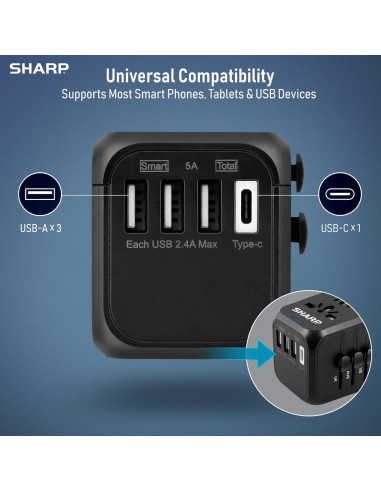 Adaptador de Viaje Universal SHARP con 4 Puertos USB - Negro