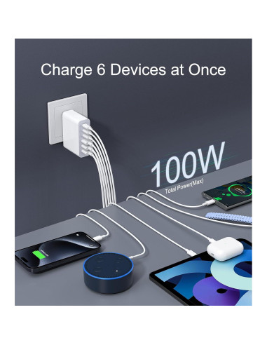 Cargador USB C 100W LCGENS 6 Puertos Carga Rápida