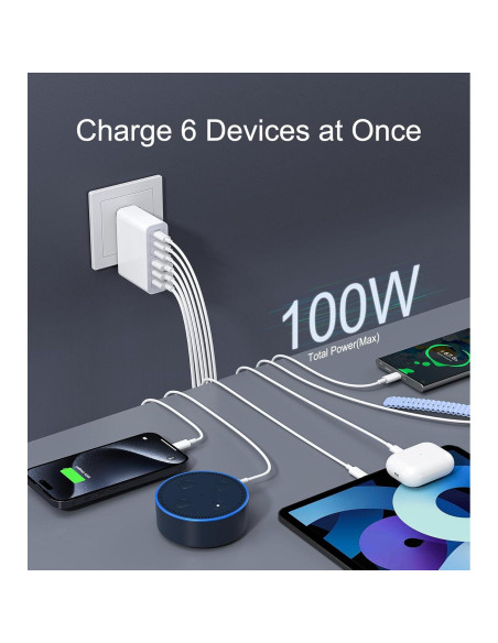 Cargador USB C 100W LCGENS 6 Puertos Carga Rápida